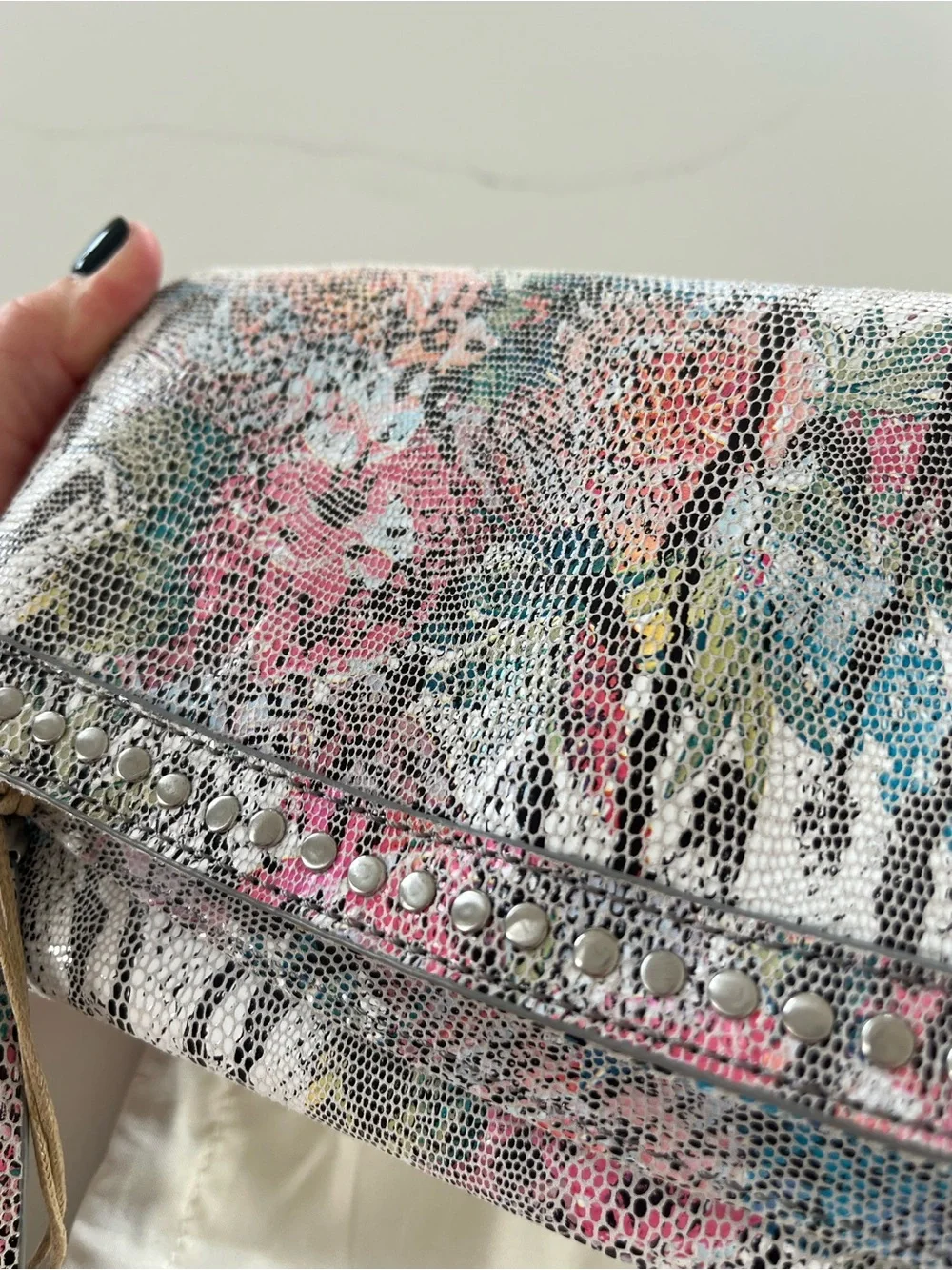 HOBO International Zeal Lizard Floral Leather Fold Over Zip Clutch Bag
